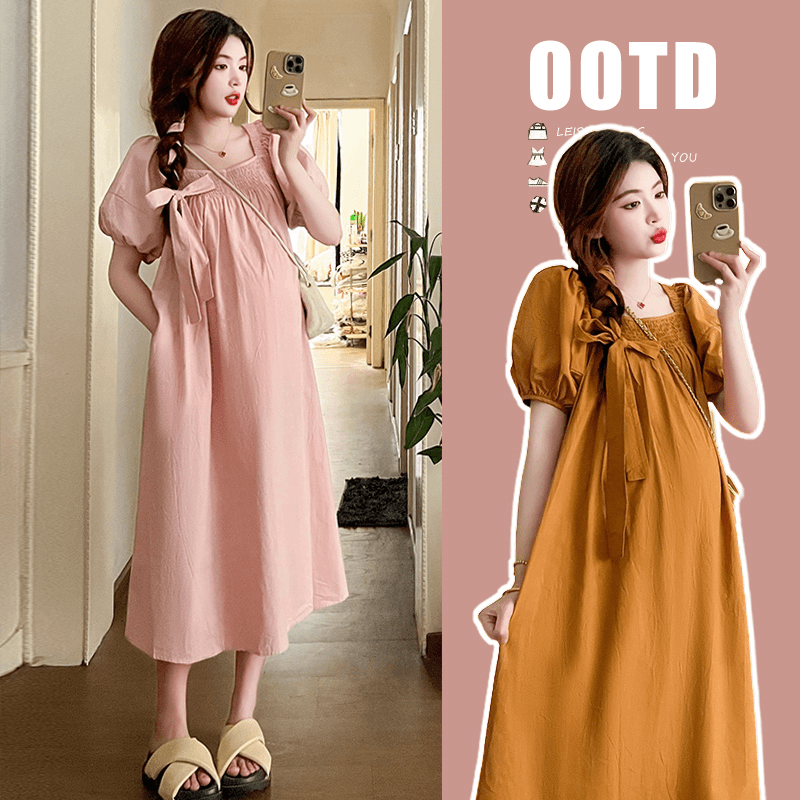 法式韩系气质显瘦方领时尚宽松大码孕妇中长款夏季新泡泡袖连衣裙