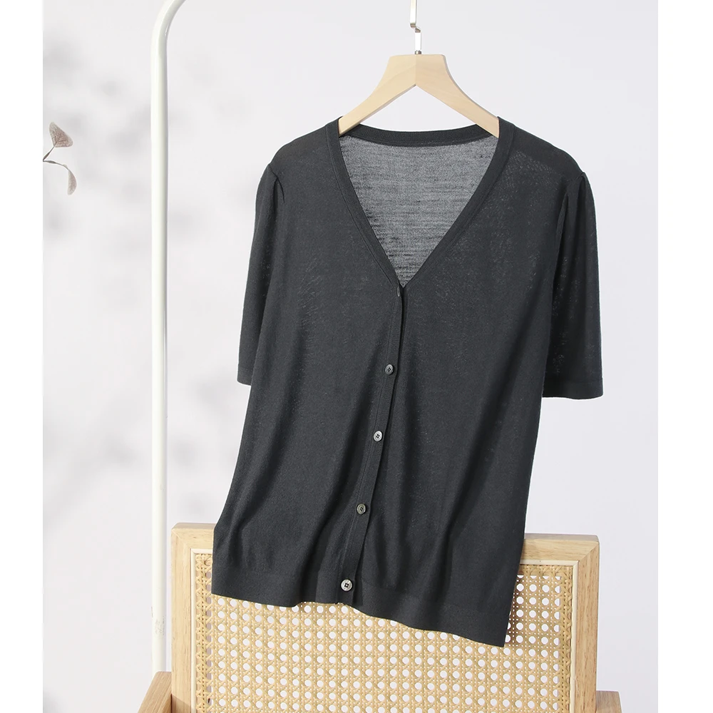 飒柔-K精纺真丝羊绒V领开衫半袖/天然贝母扣/春夏