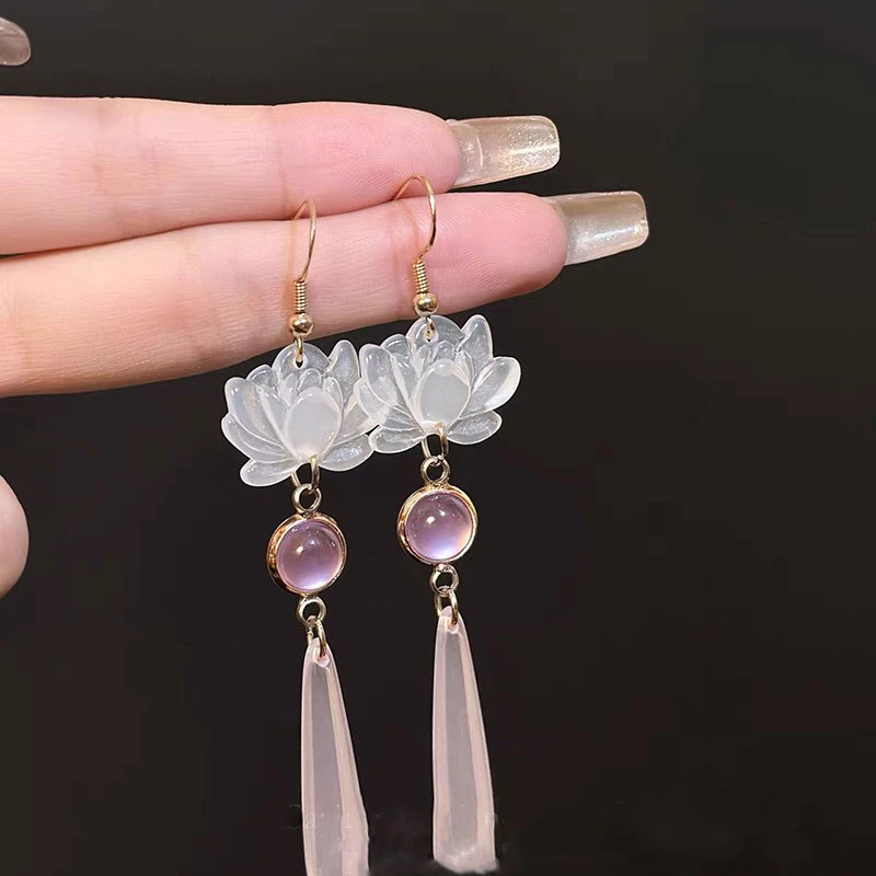 锌合金仿水晶耳饰 82号-925银针新中式莲花猫眼石长款水滴耳环