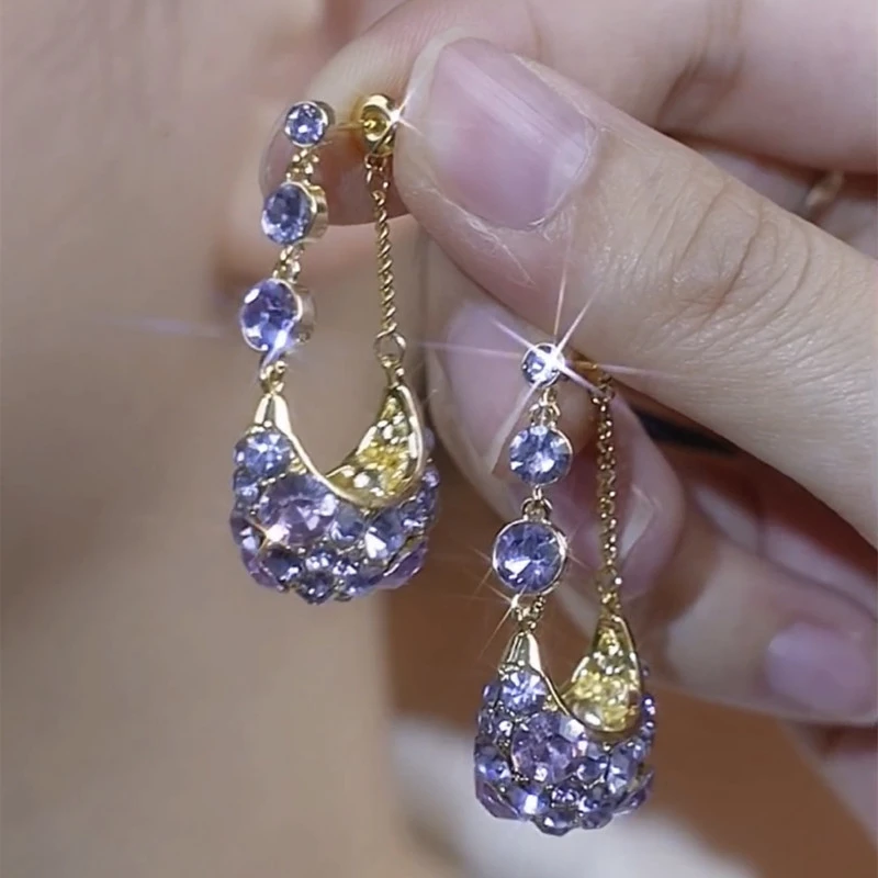 铜合金耳饰 新款高档奢华紫色耳环时尚流苏提篮耳坠长款优雅耳饰