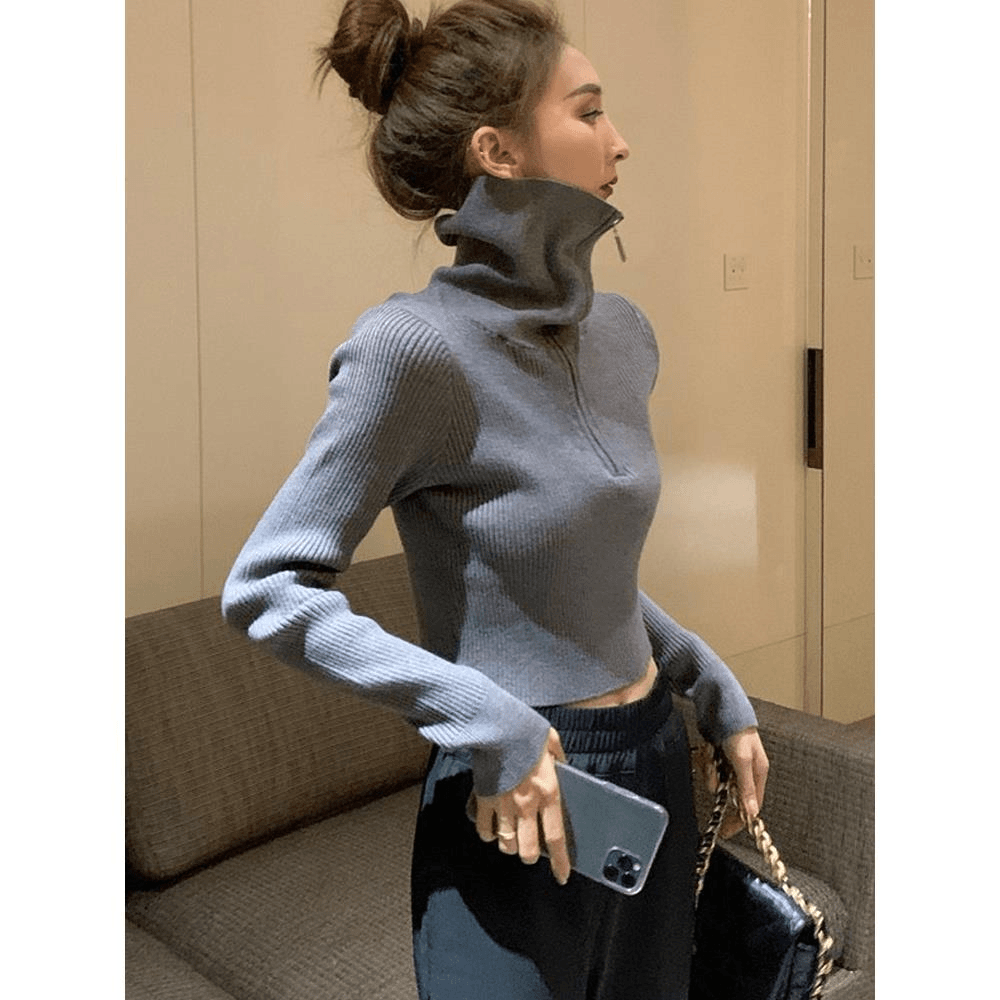高领针织毛衣打底衫女秋冬新款拉链内搭长袖小众短款修身上衣秋季