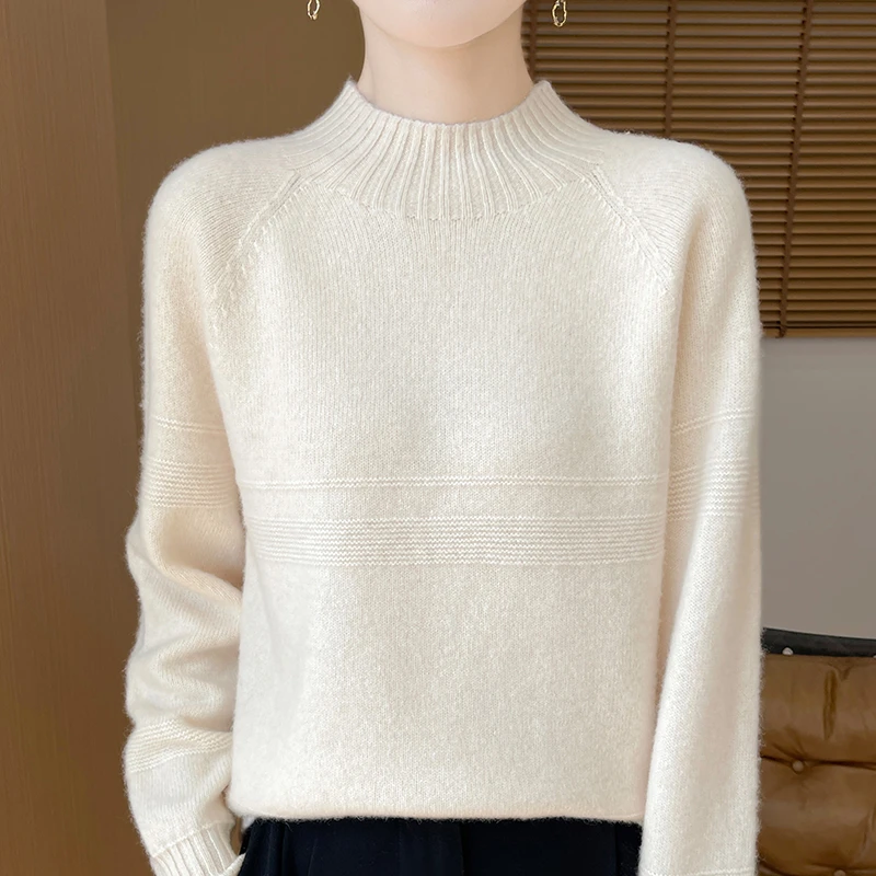 RZ.冬季新款纯羊毛一道花型半高领针织衫宽松上衣打底衫长袖针织