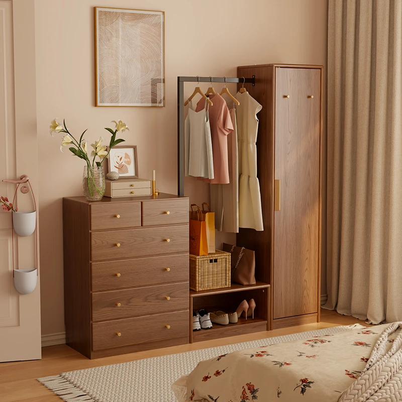 木屋记实木衣柜小户型卧室家用橡胶木衣橱挂式收纳落地柜挂衣架