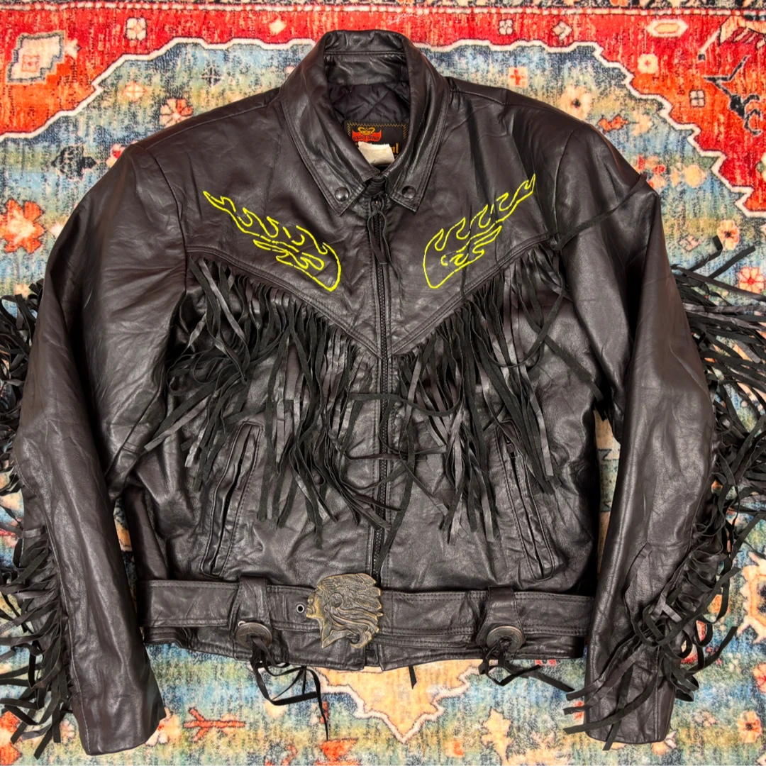 高货孤品 古着vintage皮衣80年代加拿大殿堂级流苏背画皮衣