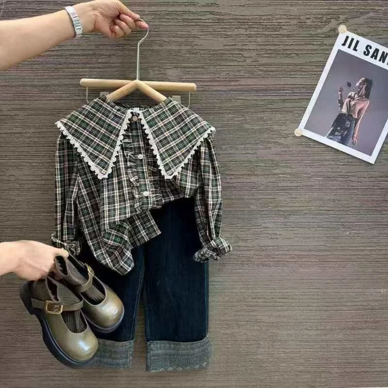 1204【熙】儿童时尚休闲格子长袖娃娃衫上衣-79067