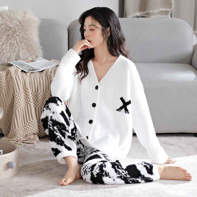 加绒睡衣女加厚网红款甜美开衫长袖宽松家居服舒适冬天两件套装
