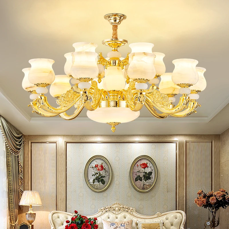 欧式翻砂铜玉石吊灯高端挑空别墅自建房灯餐厅卧室奢华2025新款