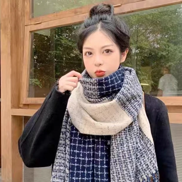韩版千鸟格围巾女冬季百搭格子加厚披肩氛围感时尚保暖围脖羊绒