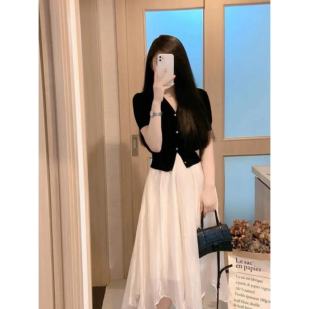 减龄时尚法式小个子夏季洋气名媛风针织半裙套装高级感穿搭两件套