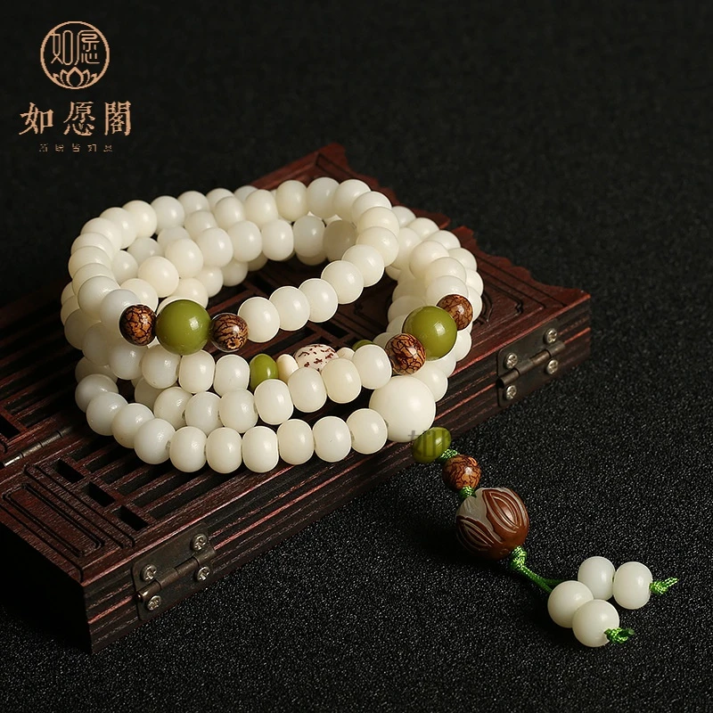 菩提根108颗手串念珠带皮莲花民族