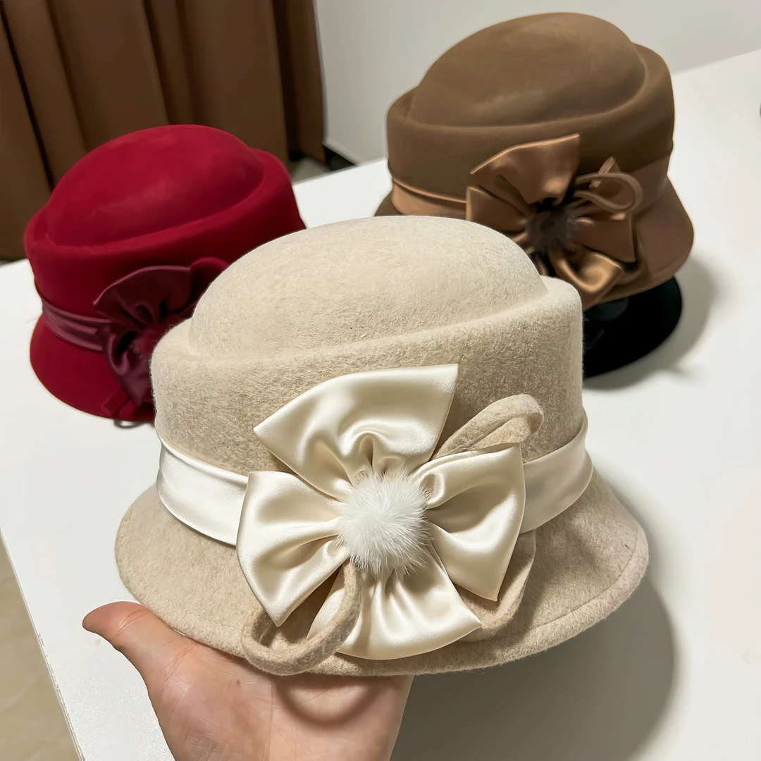 帽子女时尚百搭秋冬优雅立体花朵羊毛呢盆帽韩版礼帽气质女人味