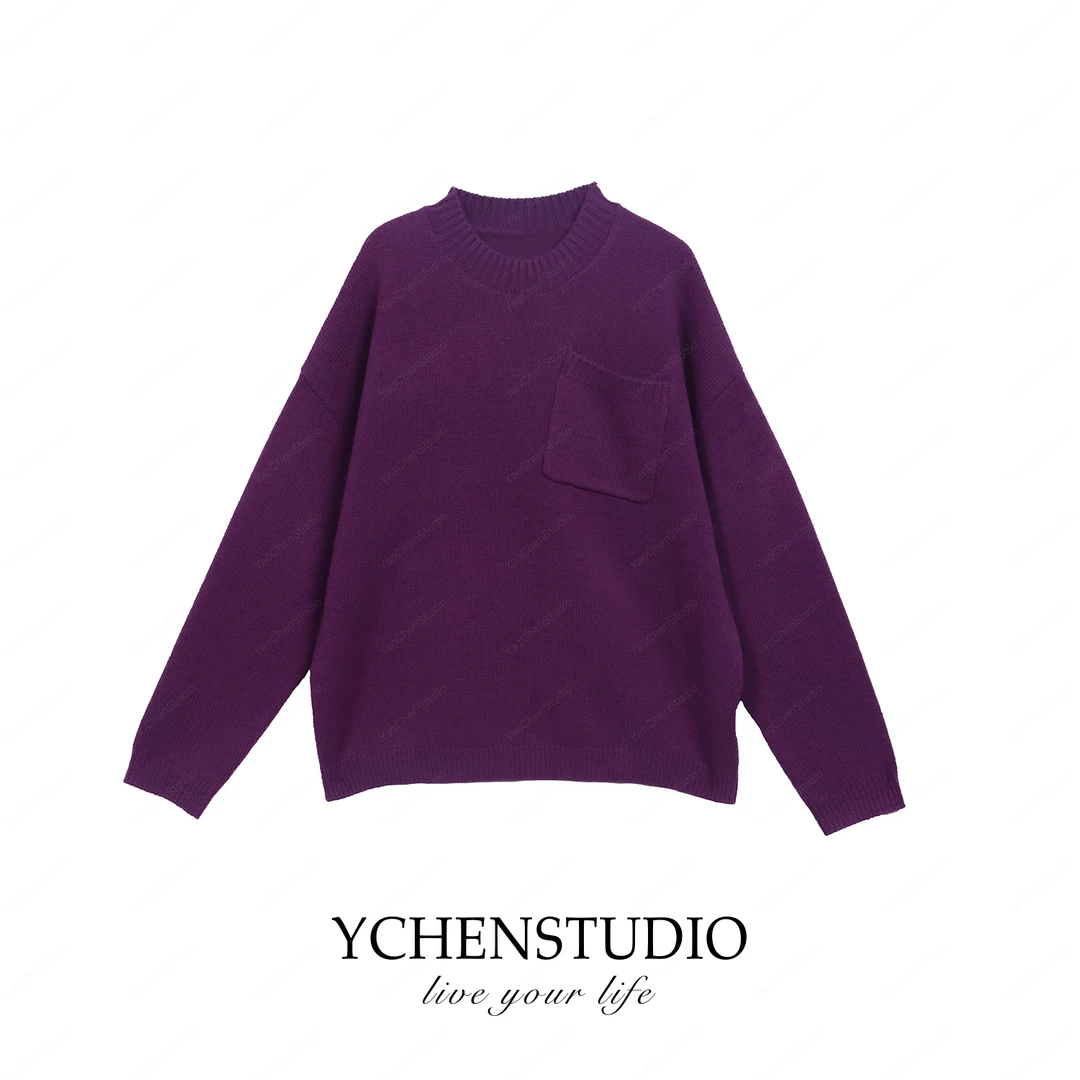 YCHENSTUDIO【朝露】秋冬新款百搭圆领带口袋套头毛衣XL1302