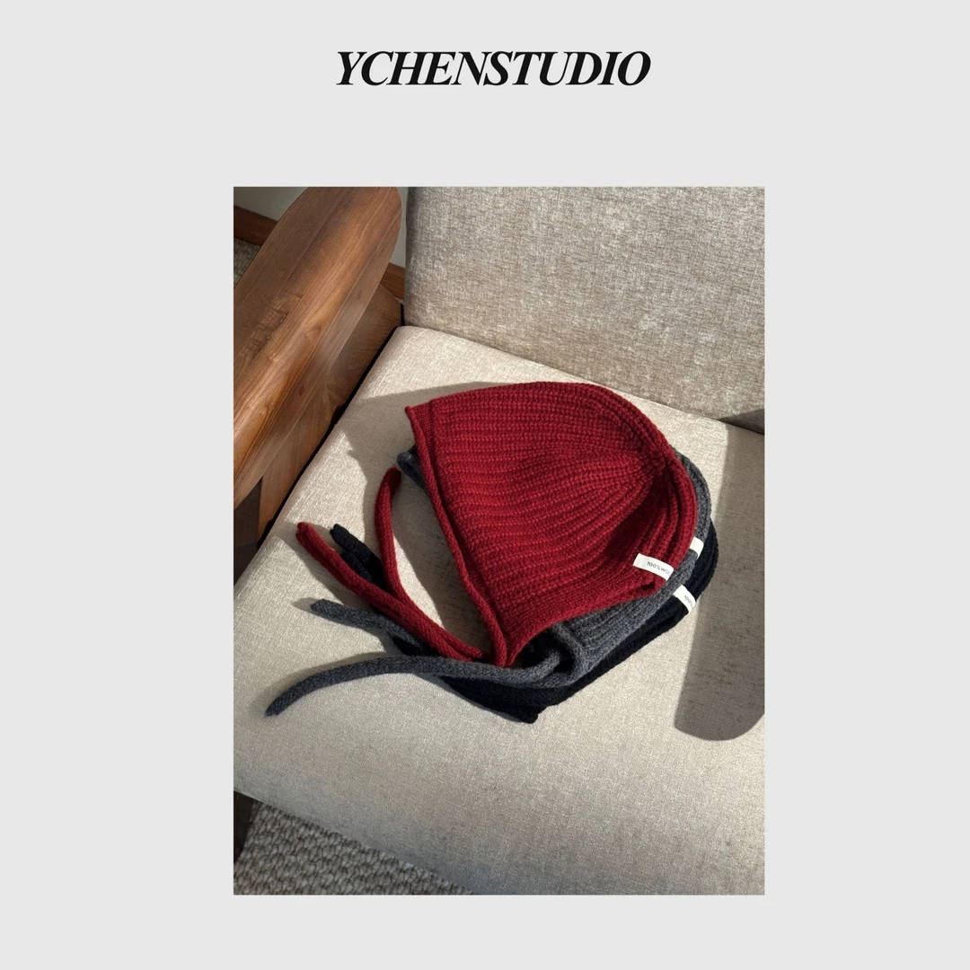 YC秋冬季新款保暖纯羊毛三色针织韩版护耳帽可系带羊毛针织线帽