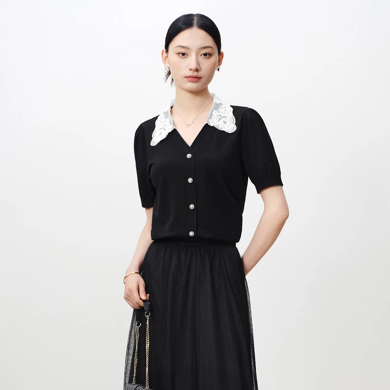 dunnu敦奴季新款短袖减龄撞色翻领针织衫显瘦小衫FT270903