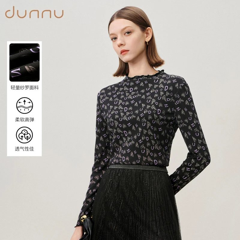 dunnu敦奴秋季新款半高领印花小衫修身显瘦打底衫8T332135