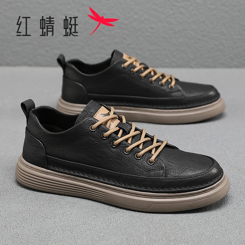 红蜻蜓休闲皮鞋男士2025秋季新款官方正品板鞋百搭黑色真皮男鞋子