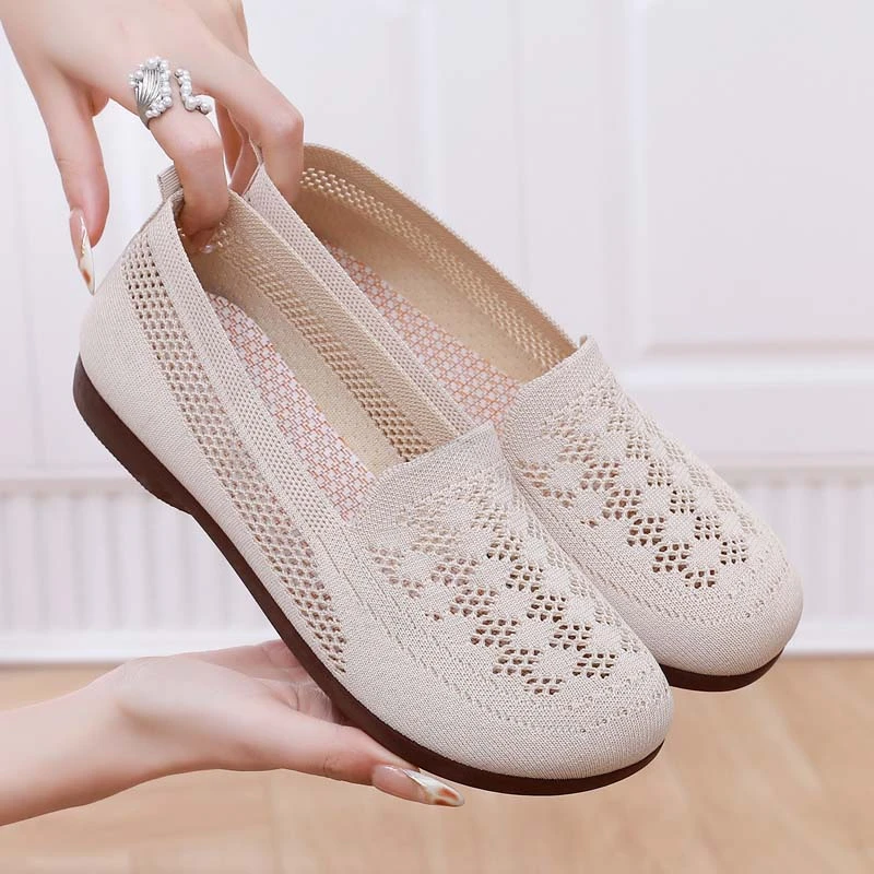 夏季新款透气飞织网鞋女舒适软底妈妈鞋平底老北京布鞋镂空网面鞋