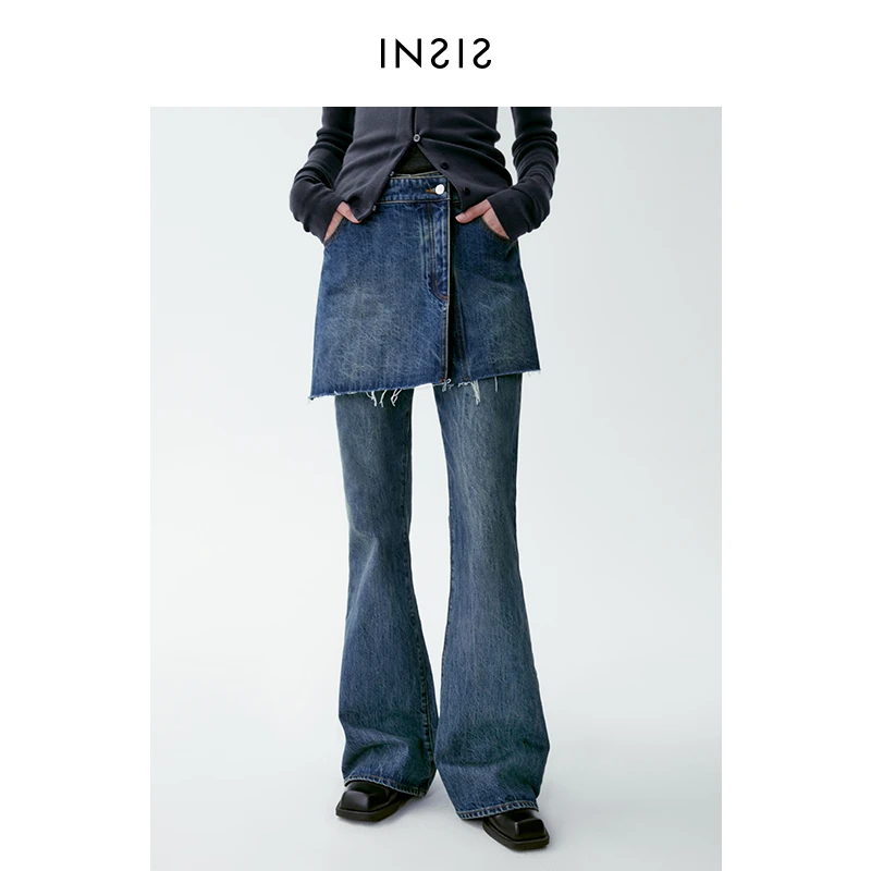 INSIS FEMME 时髦混搭长绒棉秋新款假两件拼接显瘦毛边牛仔裙裤女