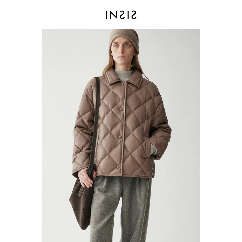 INSIS FEMME 短款真蛋白皮菱形格羽绒服