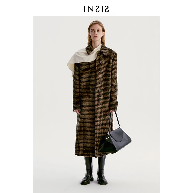 INSIS FEMMEH型一粒扣极简大衣女2022年秋季新款人字纹设计感毛呢