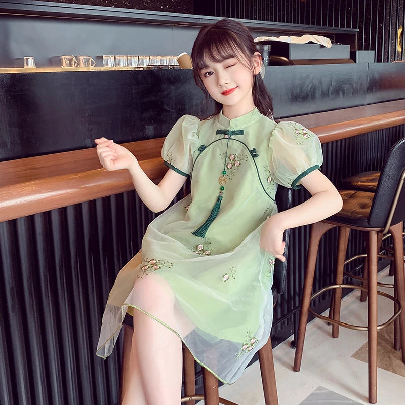 汉服女童夏季改良襦裙短袖薄款新款中国古风超仙儿童旗袍网纱裙子