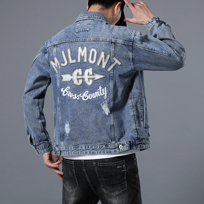 春秋季牛仔外套男浅色破洞帅气宽松大码上衣夹克休闲时尚百搭外套