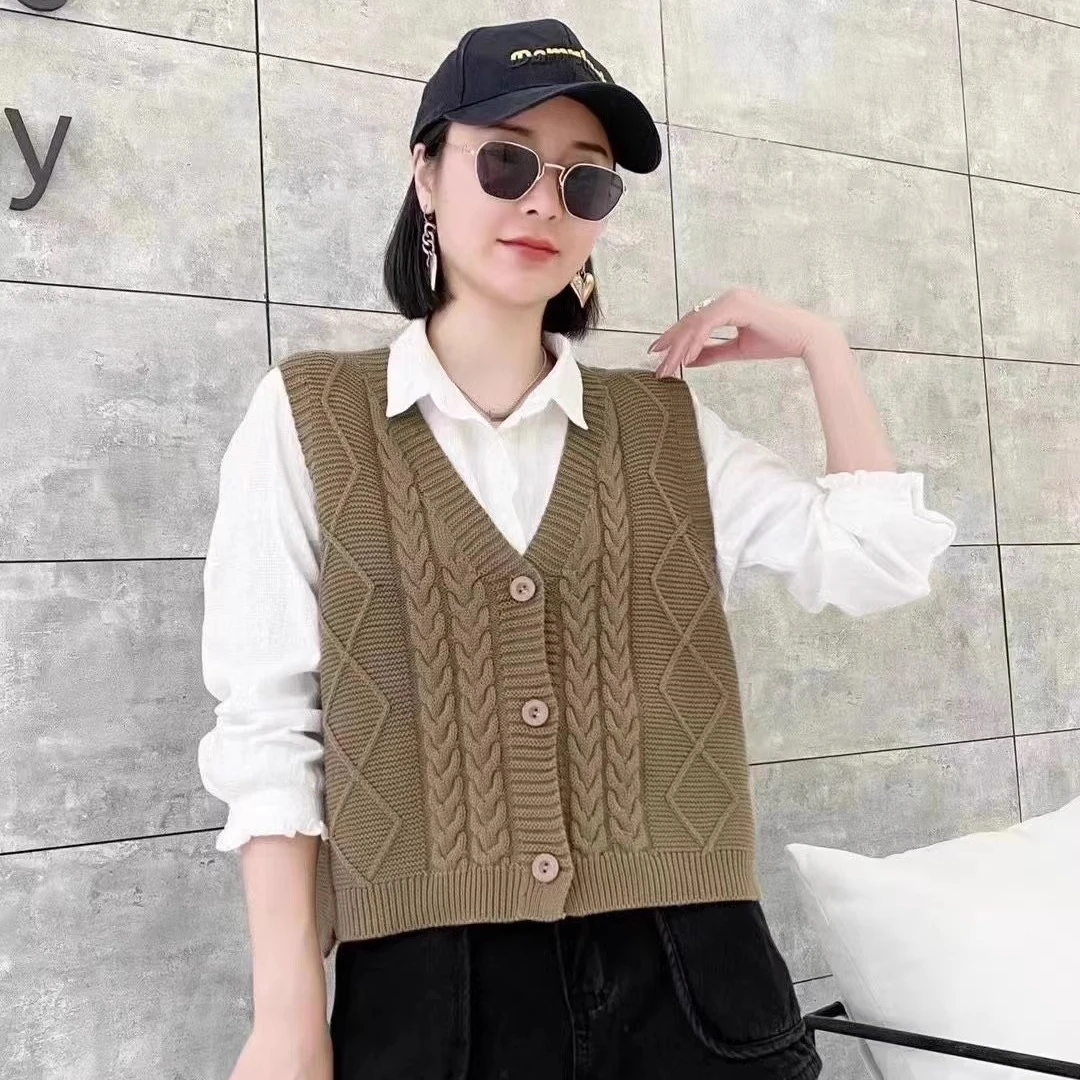 开衫背心大码V领针织马甲女士复古文艺短款叠穿外搭毛线马夹529