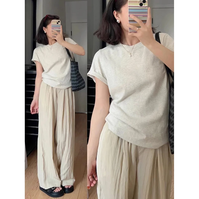 美式灰色t恤女正肩短袖夏季显瘦圆领纯棉修身甜辣百搭大码上衣ins