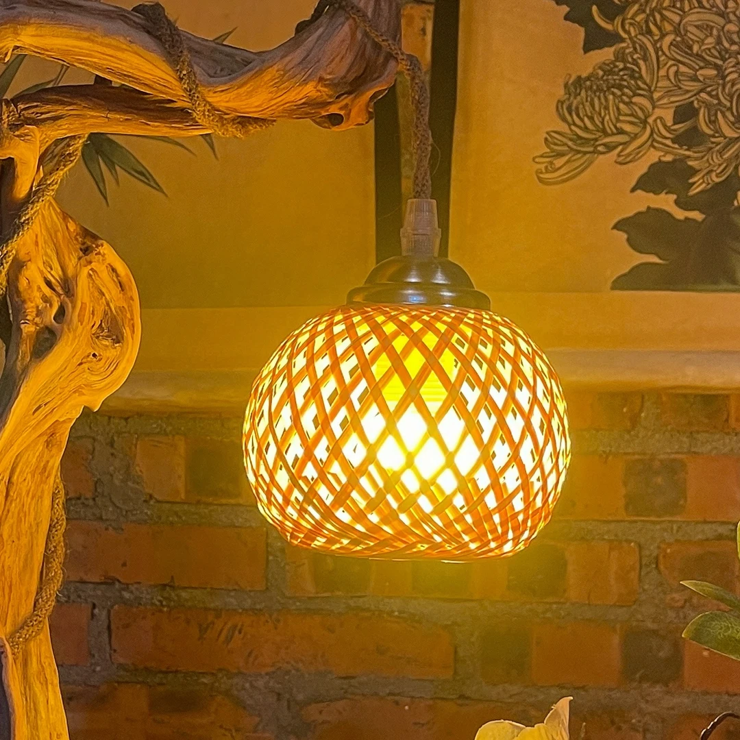 手工竹艺灯挂根雕禅意床头圆型小吊灯复古中式创意餐厅茶室根雕灯