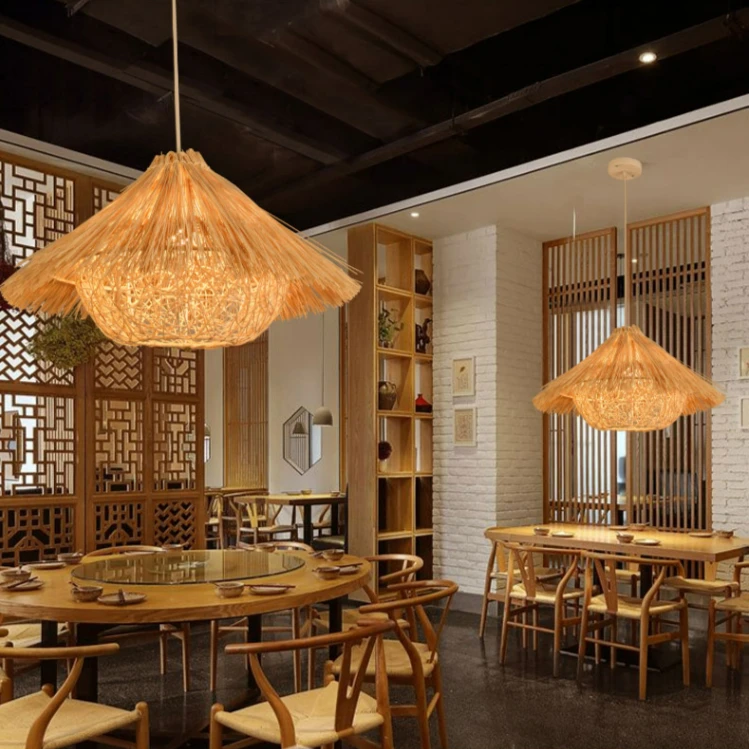 手工藤艺吊灯中式茶楼民宿创意草帽灯餐厅竹编装饰灯复古农家饭店