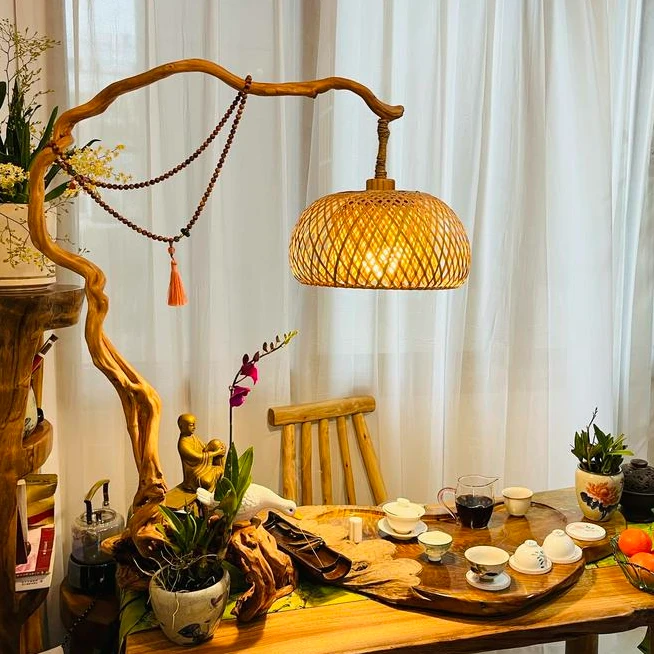 挂根雕上的灯具手工竹艺灯床头简约新中式书房禅意茶室双层根雕灯