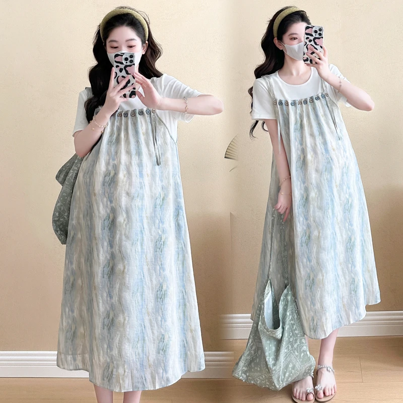 孕妇装2024夏季新款韩版时尚薄荷曼波扎染拼接假两件连衣裙