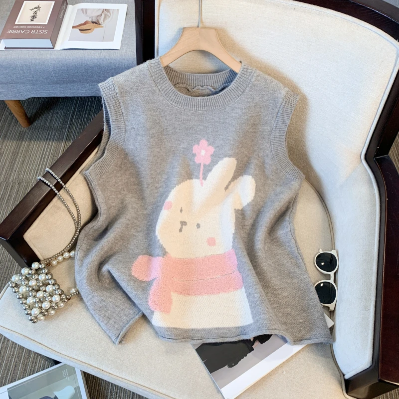 孕妇装2024秋季新款时尚甜美兔子绣花圆领无袖外搭针织毛衣马甲