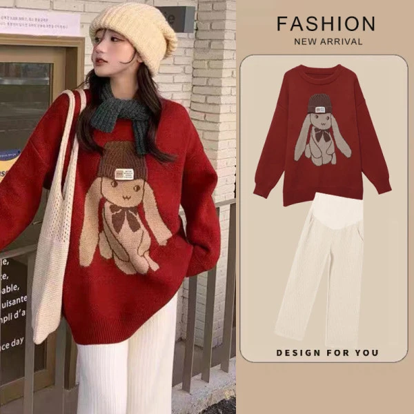 【杉杉】孕妇装秋冬季新款加厚圆领套头毛衣中长款宽松慵懒风针织衫