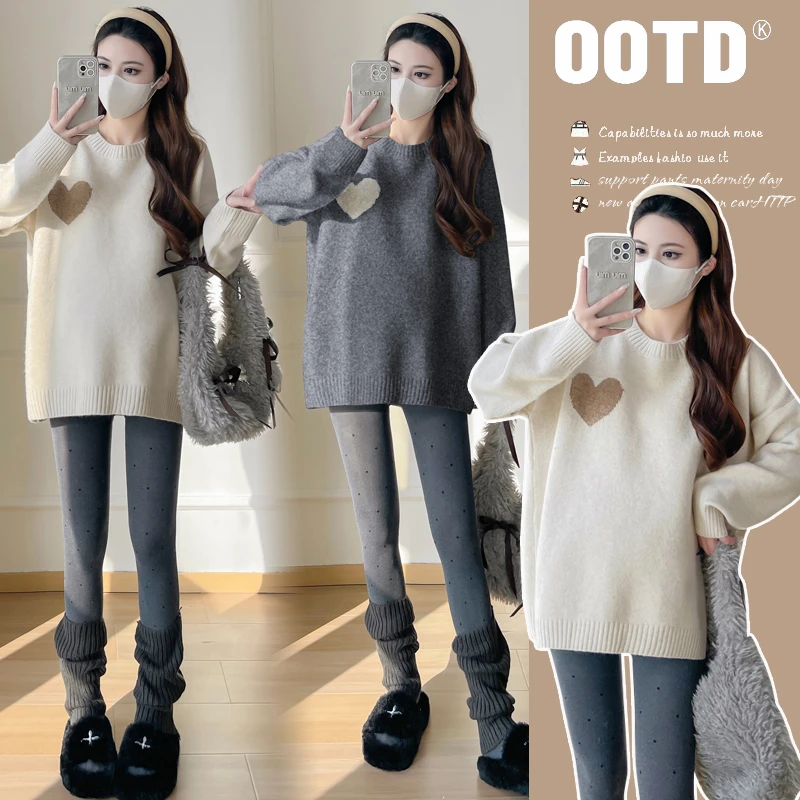 孕妇装秋冬季新款加厚宽松显瘦爱心上衣毛衣宽松显瘦休闲针织衫潮