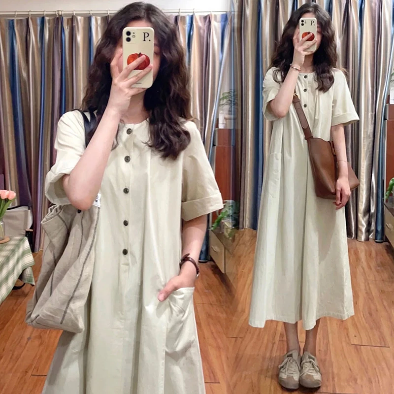 孕妇装夏季新款时尚裙宽松休闲慵懒风舒适简约有口袋连衣裙