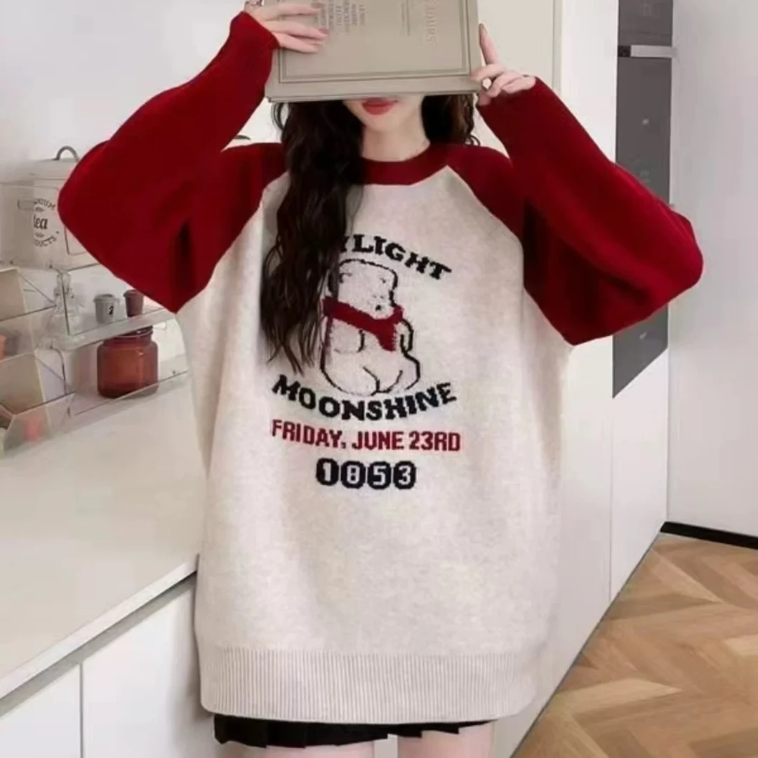 孕妇装秋冬季新款时尚百搭卡通字母针织衫拼色插肩袖百搭休闲毛衣