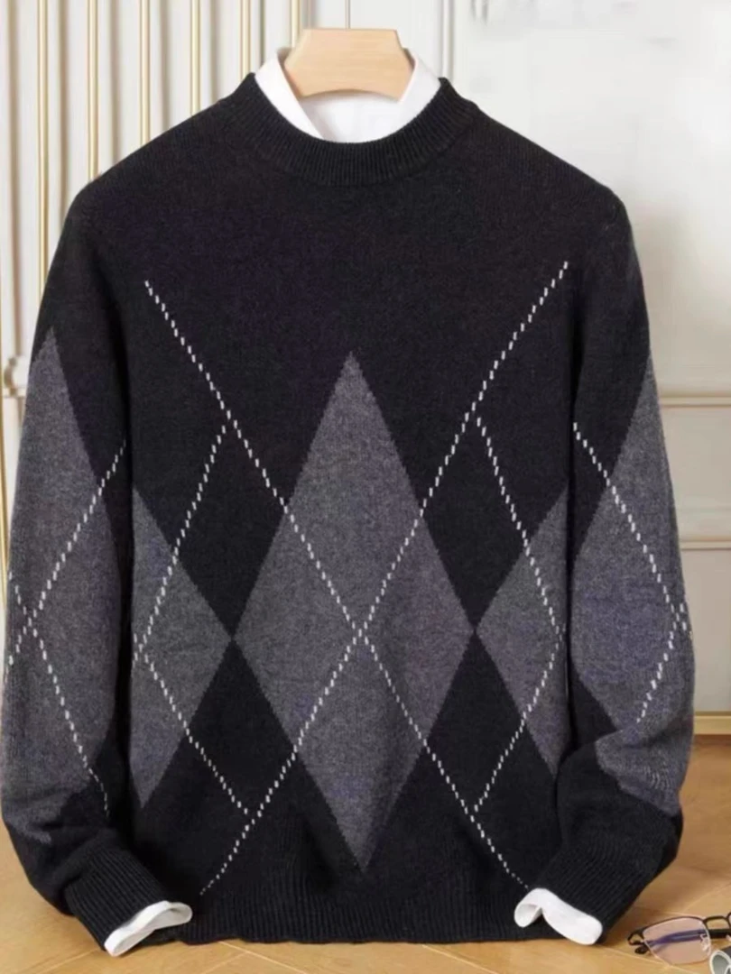 【100%绵羊毛】圆领撞色格纹提花百搭秋冬时尚毛衣韩版休闲羊毛衫