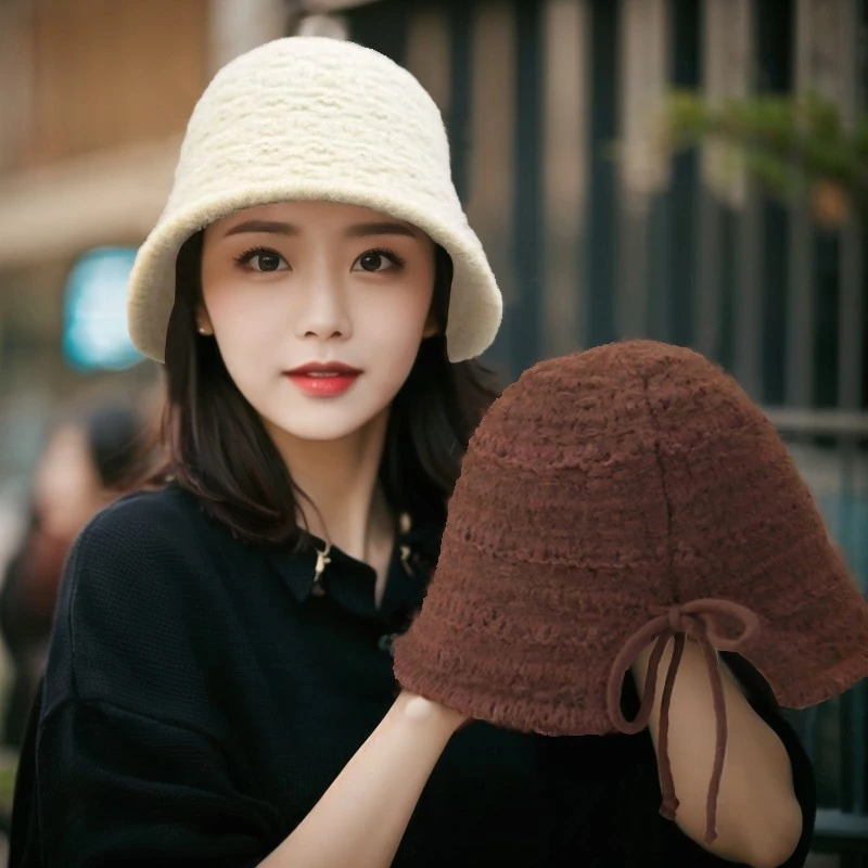 后开叉显脸小针织渔夫帽子女高级感盆帽秋冬季甜美保暖护耳水桶帽