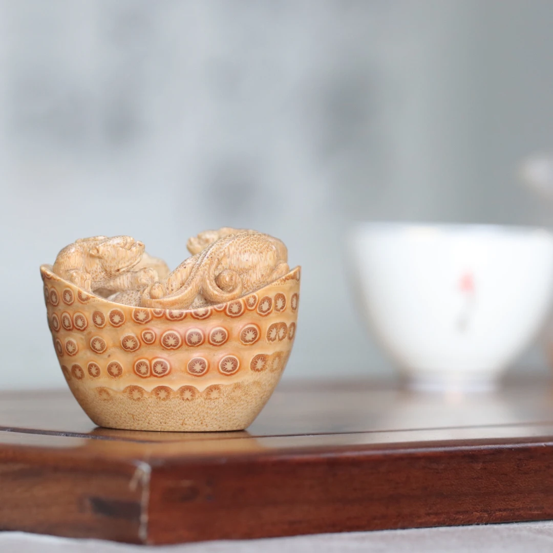 螭龙元宝 竹根雕 方颜作品 纯手工 手把件 摆件