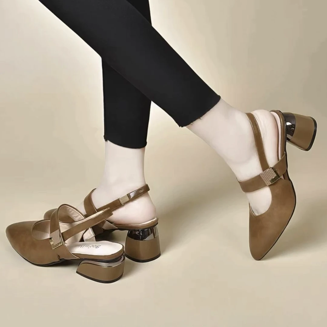 百搭时尚外穿轻便牛皮软面凉鞋女2024夏新款高跟粗跟防滑舒适凉鞋