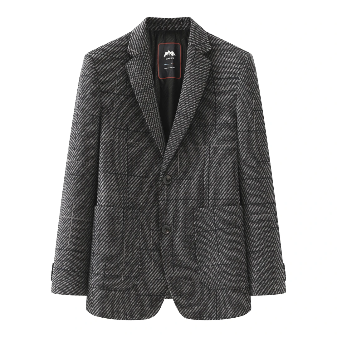 冬季羊毛呢格子商务休闲修身平驳领气质加厚加绒西装外套男88991