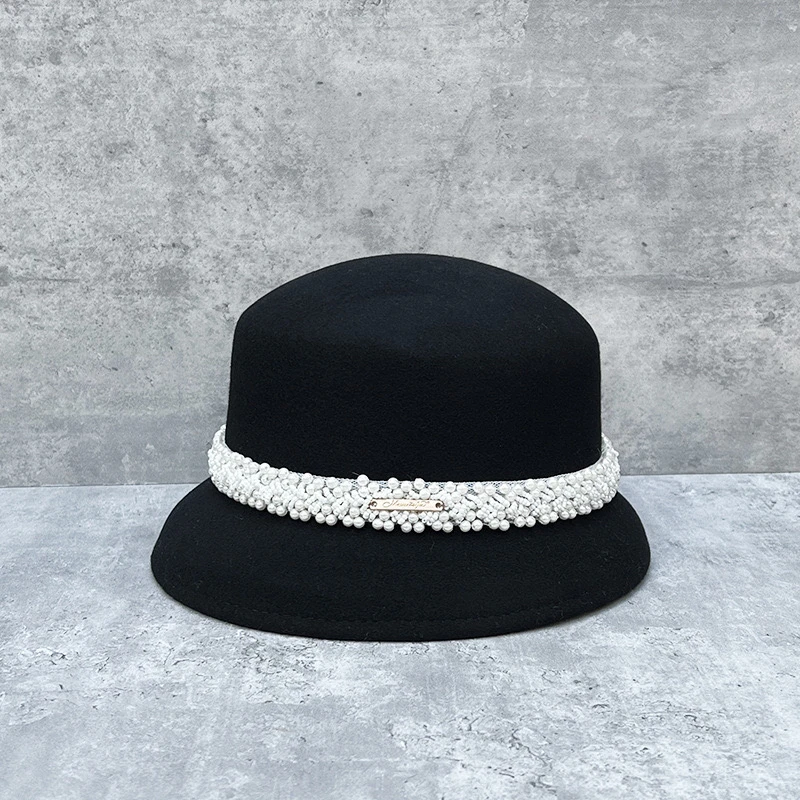 秋冬时尚优雅盆帽小赫本款羊毛礼帽豹纹皮带扣百搭英伦渔夫帽