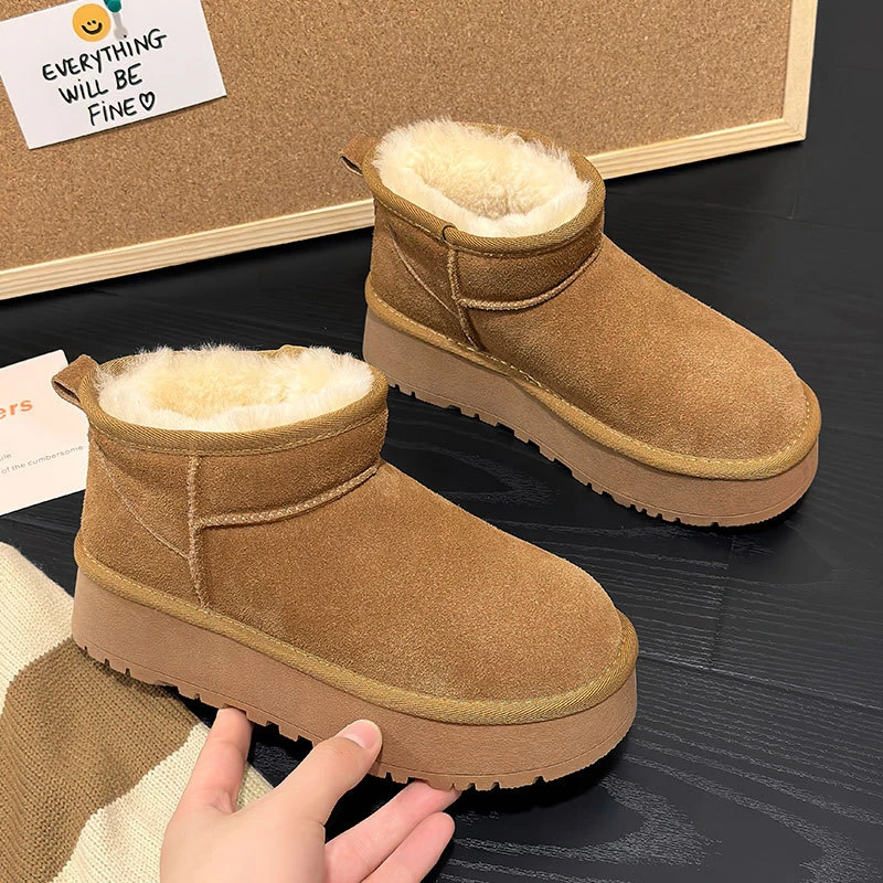 【mini厚底4-5公分】冬雨同款低筒牛反绒真羊皮羊毛加绒加厚雪地靴