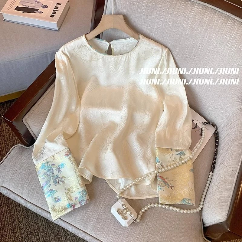 9724#中式女装提花重工缎面衬衫女款春秋冷淡系宽松唐装国风上衣