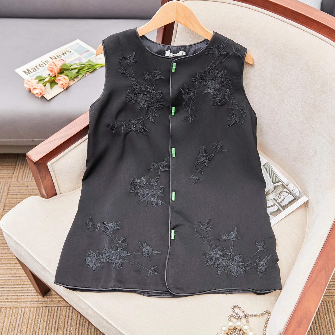 9821#新中式国风高级感超好看老钱风黑色印花马甲外套女秋冬季