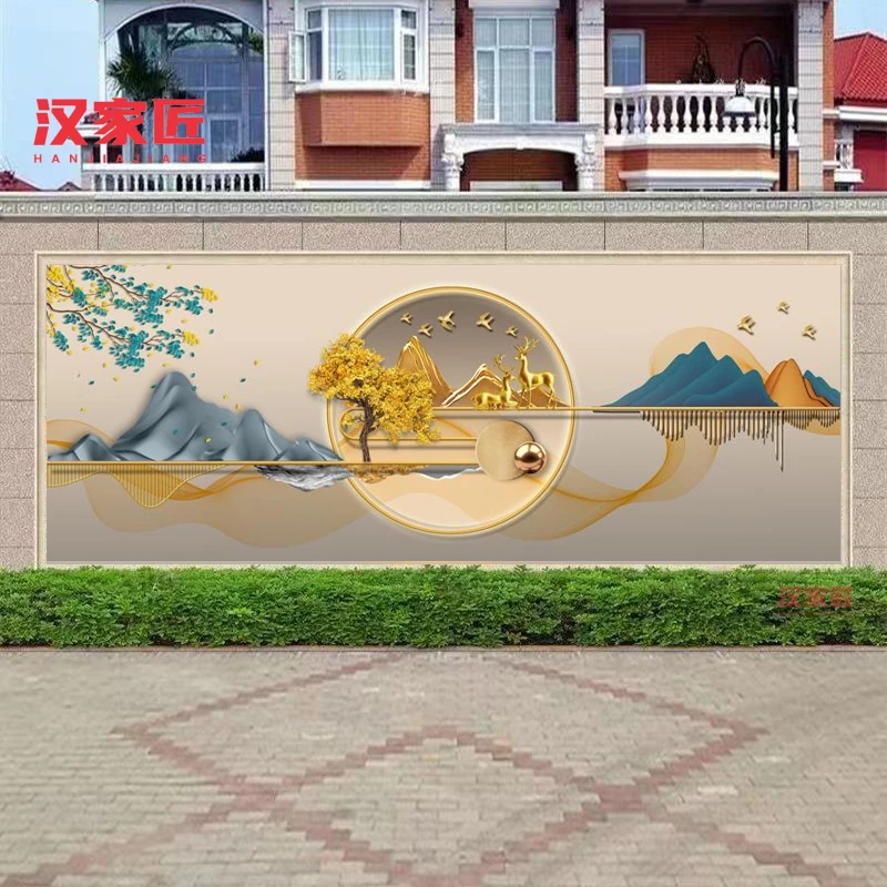 别墅户外庭院背景墙农村瓷砖迎门墙影壁墙入户门山水浮雕假山照壁