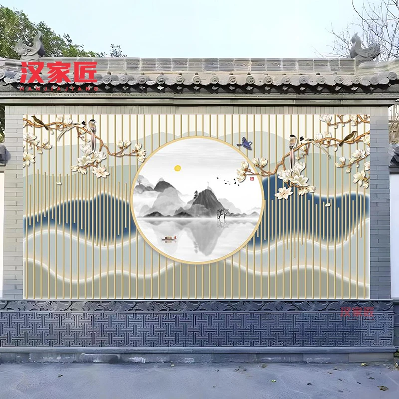3d农村别墅迎门墙壁画瓷砖背景墙新中式山水庭院照壁入户屏风定制