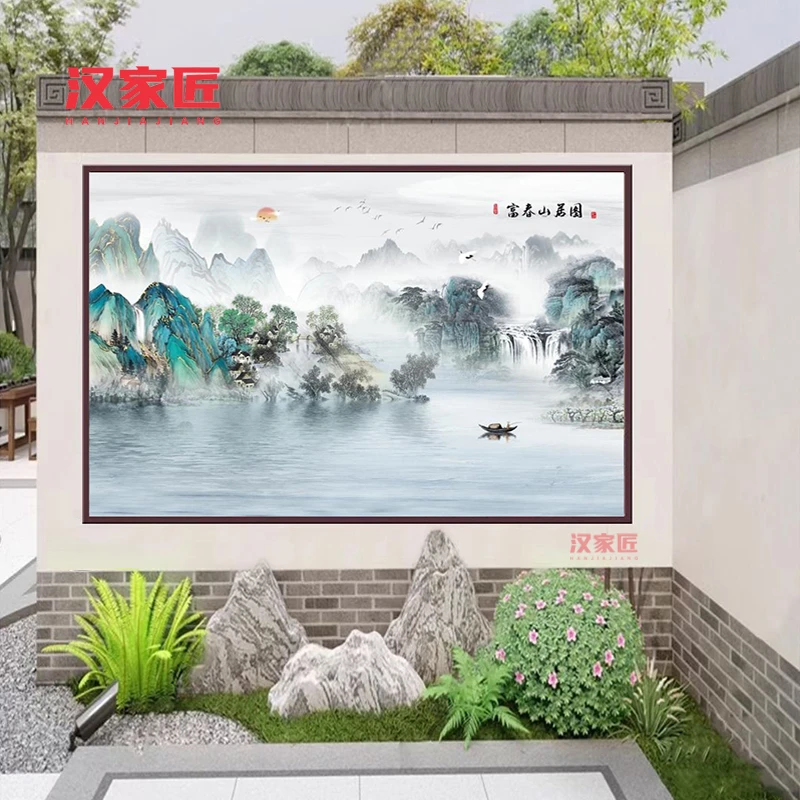 农村迎门墙影壁墙水墨风古典中式山水画壁画别墅庭院瓷砖背景墙砖