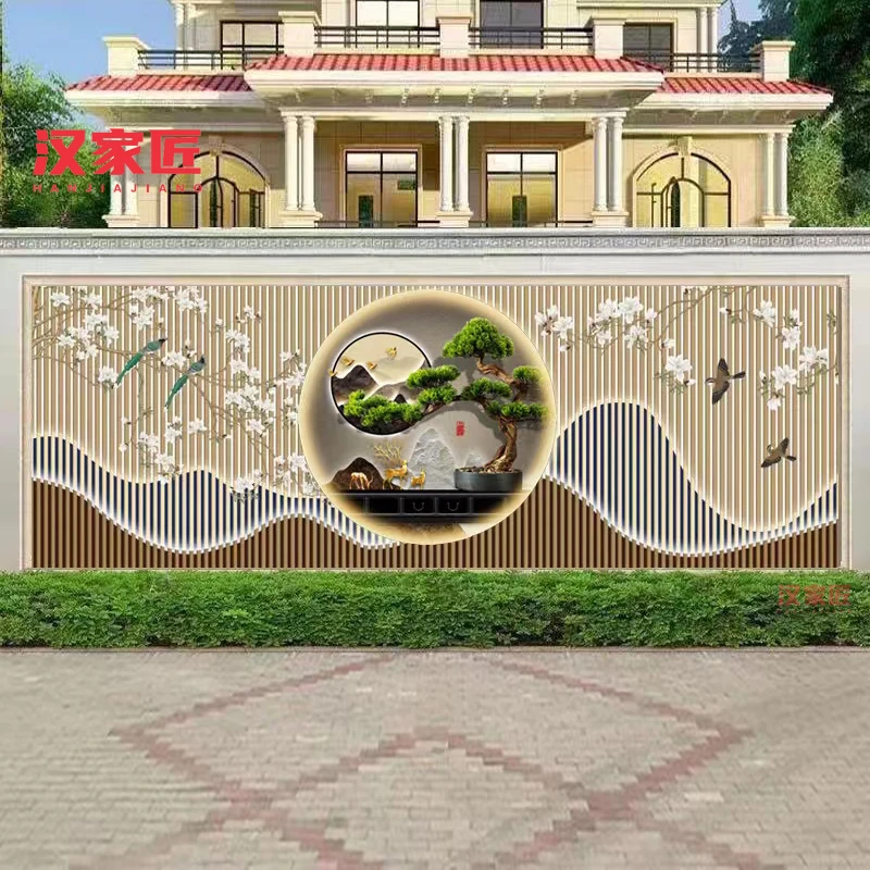 户外别墅照壁新款新中式瓷砖迎门墙山水画迎客松假山仿叠层影壁墙